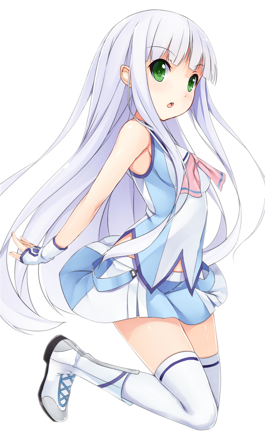 1girl aoki_hagane_no_arpeggio arpeggio_of_blue_steel blush boots fingerless_gloves gloves green_eyes highres iona long_hair open_mouth silver_hair simple_background skirt sleeveless thigh-highs toki/ very_long_hair white_background white_legwear