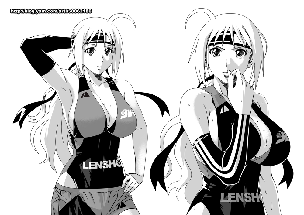 1girl ahoge basketball basketball_uniform breasts character_request cleavage collage detached_sleeve ge_xi greyscale headband large_breasts long_hair low_ponytail lowleg_shorts mole mole_on_breast monochrome original shorts sideboob solo sportswear sweat watermark web_address