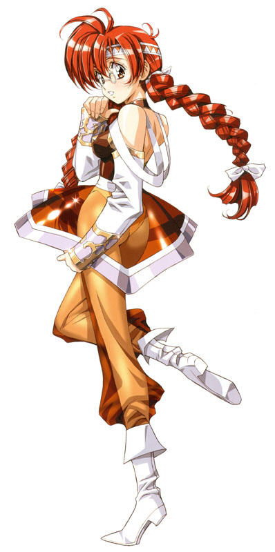 1girl boots bow braid detached_sleeves glasses growlanser growlanser_i hair_bow headband long_hair looking_back misha_(growlanser) official_art orange_skirt pants pince-nez redhead see-through skirt solo standing standing_on_one_leg twin_braids urushihara_satoshi white_background white_boots white_bow