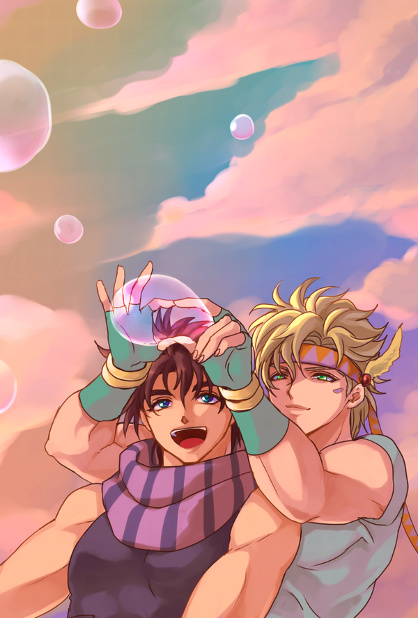 2boys aibu blonde_hair brown_hair bubble caesar_anthonio_zeppeli clouds facial_mark headband jojo_no_kimyou_na_bouken joseph_joestar_(young) multiple_boys sky