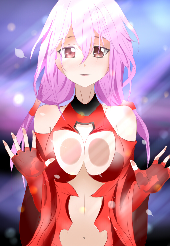 1girl against_glass bare_shoulders blush breast_press breasts breasts_on_glass center_opening cleavage detached_sleeves elbow_gloves fingerless_gloves fourth_wall gloves guilty_crown hair_ornament hairclip long_hair looking_at_viewer navel pink_hair red_eyes solo twintails yuzuriha_inori