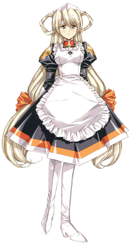1girl apron black_dress boots bow dress expressionless frilled_apron green_eyes growlanser growlanser_i hair_bow hair_rings juliet_sleeves karen_langley long_hair long_sleeves low-tied_long_hair official_art orange_bow puffy_sleeves solo standing twintails urushihara_satoshi very_long_hair white_background white_boots white_hair