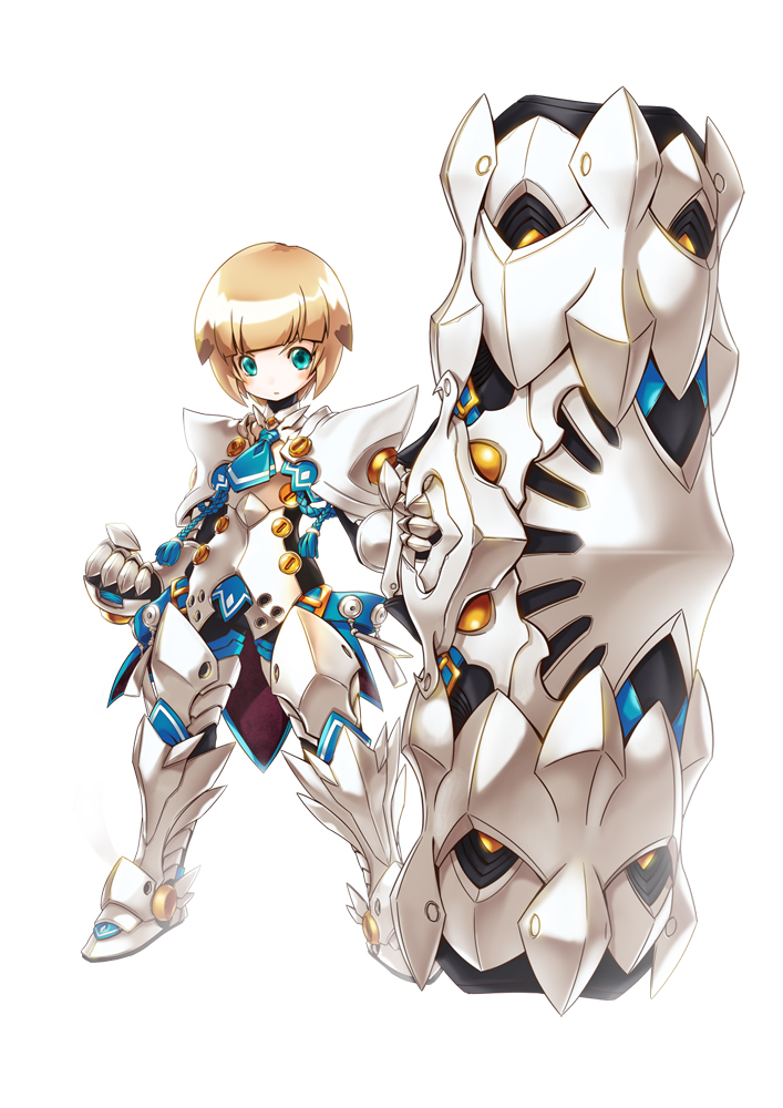 1boy armor blackjd83 blonde_hair cannon chung_(elsword) elsword expressionless gauntlets gloves greaves green_eyes huge_weapon male_focus necktie solo standing weapon white_background