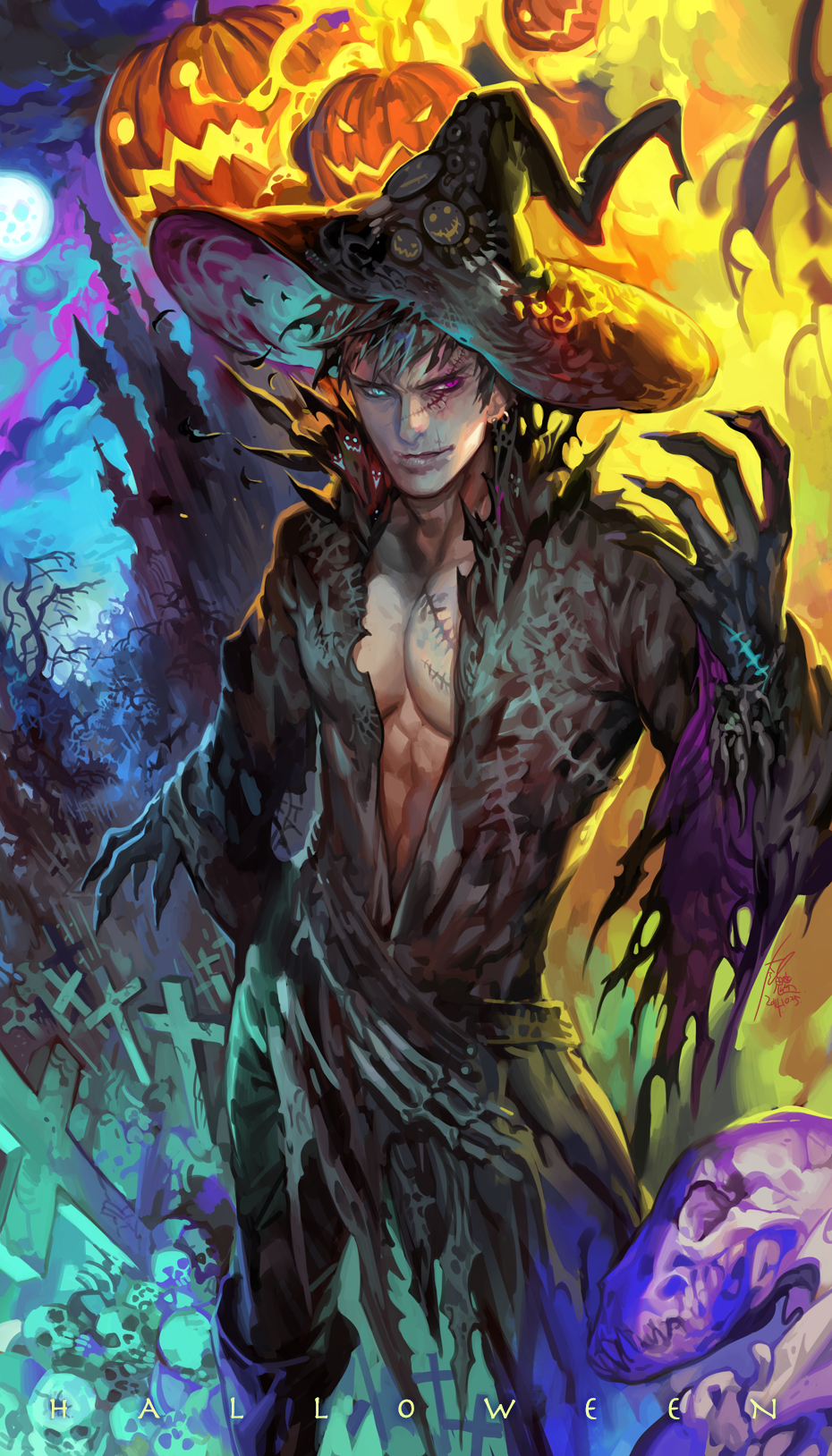 1boy blue_eyes cross dutch_angle earrings english full_moon halloween hat heterochromia highres jack-o'-lantern jewelry male_focus moon original pink_eyes pumpkin scar scar_across_eye skull solo witch_hat yi_lee