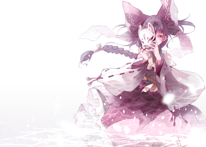 1girl alternate_hairstyle ascot blush bow braid brown_hair covering_one_eye detached_sleeves fox_mask gradient gradient_background hair_bow hair_ornament hair_tubes hakurei_reimu japanese_clothes long_hair long_sleeves looking_at_viewer mask miko noh_mask partially_submerged petals ponytail shirt shunsuke single_braid skirt skirt_set smile solo string touhou water wide_sleeves