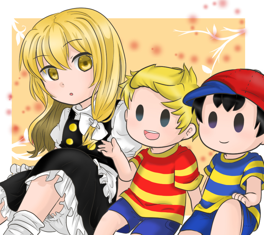 1girl 2boys :d baseball_cap black_hair blonde_hair crossover hat hat_removed headwear_removed kirisame_marisa long_hair lucas mother_(game) mother_2 mother_3 multiple_boys ness open_mouth puffy_sleeves shirt short_hair shorts sitting skirt skirt_set smile solid_oval_eyes striped striped_shirt super_smash_bros. t-shirt touhou yellow_eyes