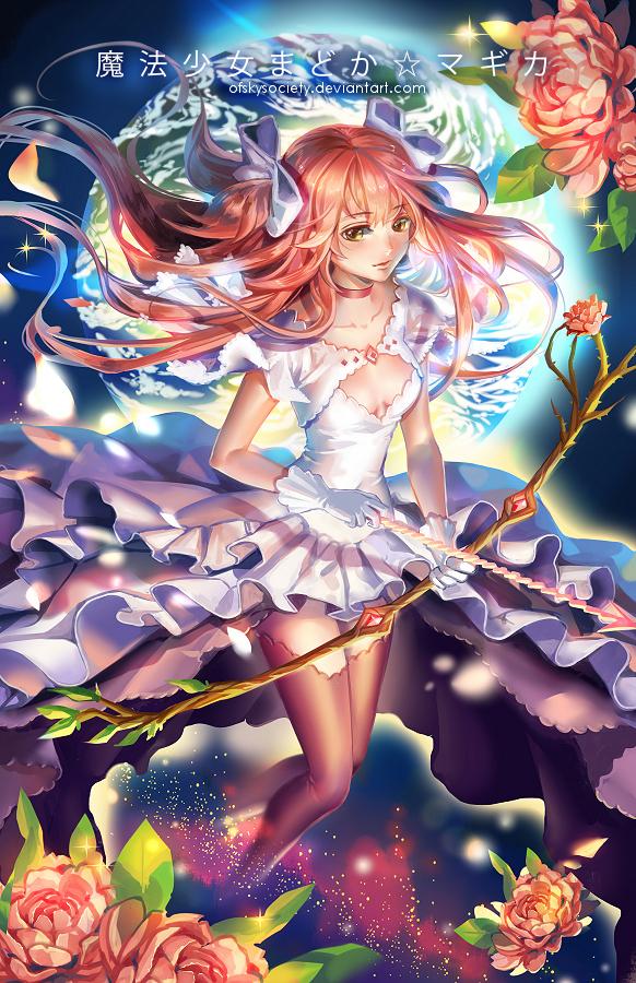 1girl alice_jing bow_(weapon) cleavage_cutout dress elbow_gloves field flower flower_field frilled_dress frills gloves goddess_madoka kaname_madoka kneehighs long_hair looking_at_viewer magical_girl mahou_shoujo_madoka_magica pink_eyes pink_hair solo spoilers thigh-highs twintails weapon white_dress white_gloves white_legwear