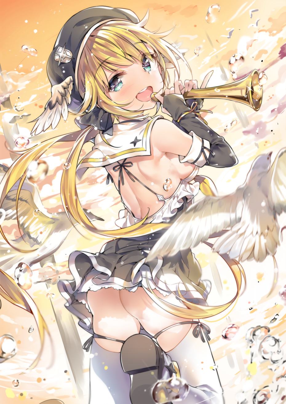 1girl ass back blonde_hair breasts cozyquilt elbow_gloves gloves green_eyes hat highres holding instrument long_hair looking_at_viewer looking_back open_mouth original sideboob skirt solo thigh-highs white_legwear wings