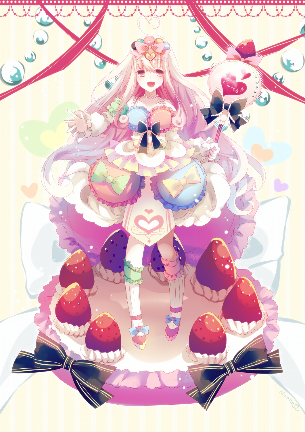 1girl dress food food_themed_clothes fruit highres long_hair macaron nanna_(irasutokanakili) original personification pocketland strawberry