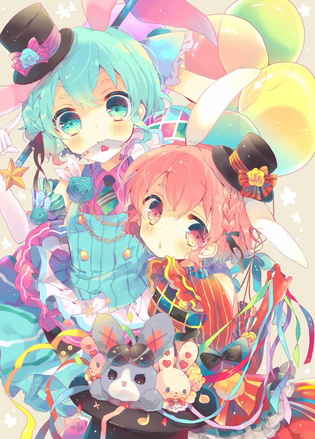 1boy 1girl ace animal_ears aqua_eyes aqua_hair balloon blue_rose bow braid brother_and_sister card chain dorothy_west dress flower gloves hat leona_west looking_at_viewer mini_top_hat mouth_hold necktie nekoto_rina otoko_no_ko pink_eyes pink_hair playing_card puri_para rabbit_ears red_gloves rose short_hair siblings single_elbow_glove streamers stuffed_animal stuffed_bunny stuffed_toy top_hat white_gloves yellow_rose