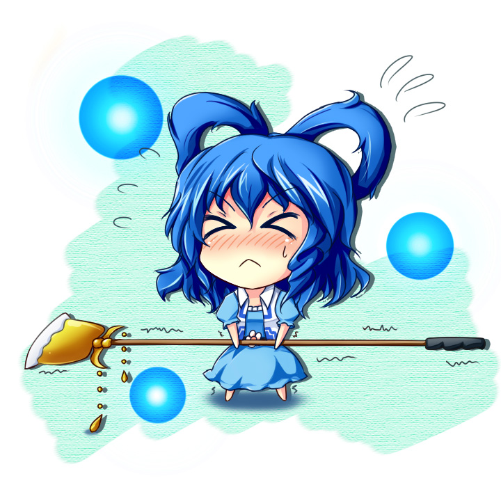 &gt;_&lt; 1girl blue_dress blue_hair chibi closed_eyes dress flying_sweatdrops hair_rings hyoumon_(saihokutan) kaku_seiga minigirl short_hair short_sleeves solo touhou trembling vest