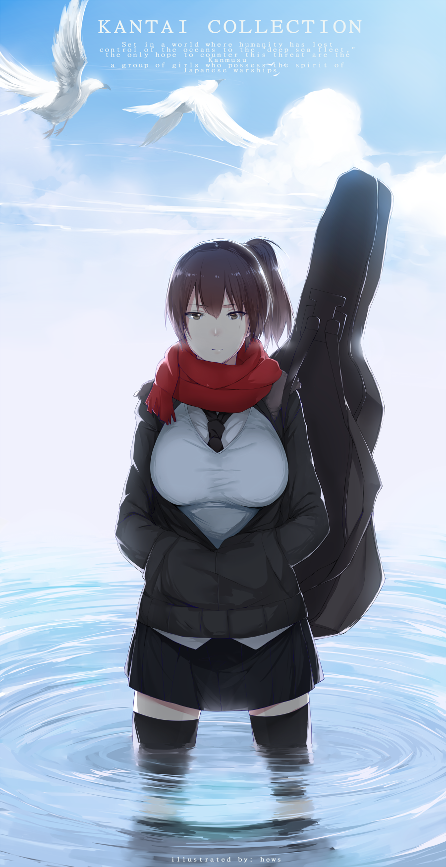 1girl black_legwear breasts brown_eyes brown_hair hews_hack highres kaga_(kantai_collection) kantai_collection large_breasts looking_at_viewer necktie scarf short_hair side_ponytail skirt solo thigh-highs