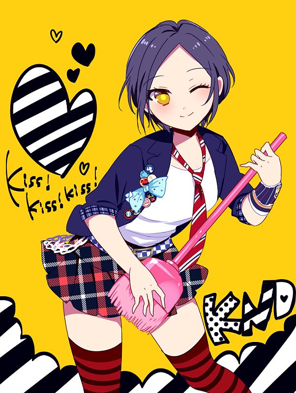 belt hayami_kanade heart idolmaster idolmaster_cinderella_girls jacket looking_at_viewer purple_hair ribbon short_hair smile text thigh_high tie wemu_(ivycrown) wink yellow_eyes