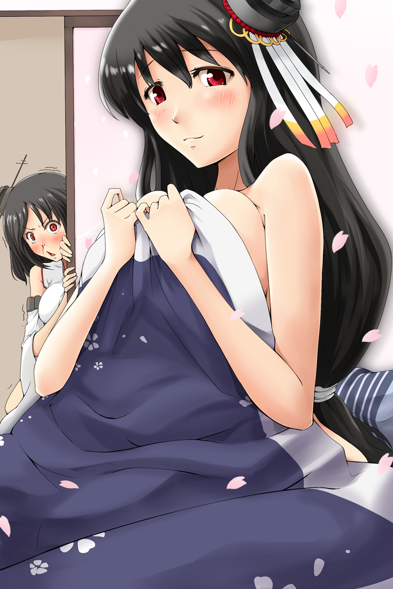 2girls black_hair blanket blood cherry_blossoms covering covering_breasts detached_sleeves fusou_(kantai_collection) hair_ornament highres japanese_clothes kantai_collection looking_at_viewer micesakenomitai multiple_girls naked_blanket nosebleed petals red_eyes siblings sisters trembling triangle_mouth wide_sleeves yamashiro_(kantai_collection)