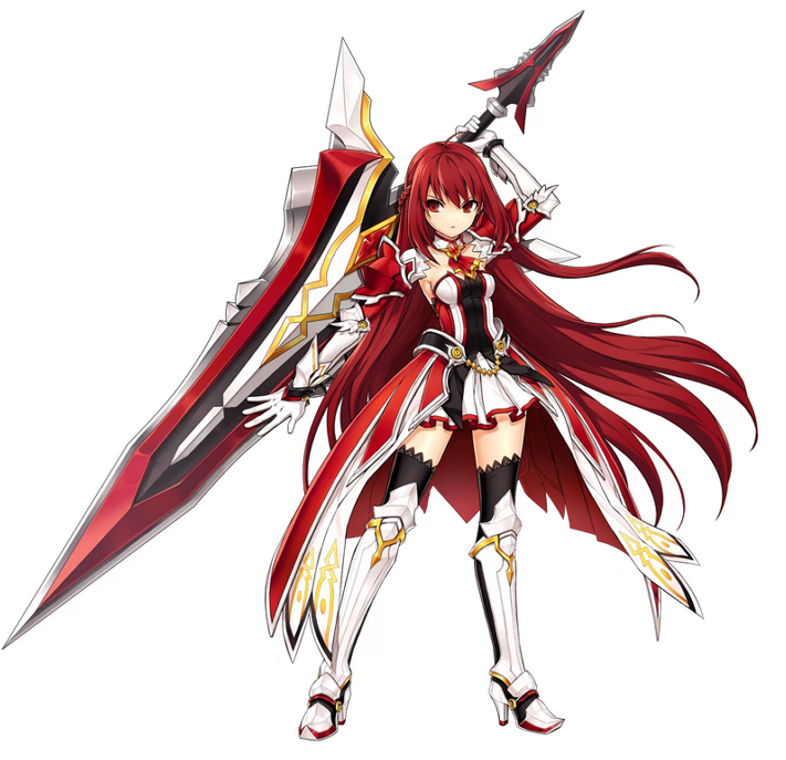 1girl armor armored_dress artist_request black_legwear braid detached_collar elesis elsword gloves greaves half_updo huge_weapon long_hair neckerchief no_nose official_art red_eyes redhead serious solo standing sword thigh-highs weapon white_background white_gloves