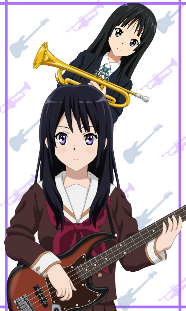 2girls akiyama_mio black_eyes black_hair company_connection cp9a crossover guitar hibike!_euphonium instrument k-on! kousaka_reina kyoto_animation long_hair multiple_girls role_reversal school_uniform trumpet violet_eyes