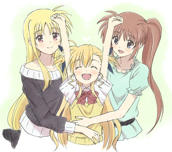 3girls blonde_hair blush fate_testarossa hair_ribbon kannari long_hair lyrical_nanoha mahou_shoujo_lyrical_nanoha mahou_shoujo_lyrical_nanoha_vivid multiple_girls ribbon side_ponytail smile tagme takamachi_nanoha twintails vivio