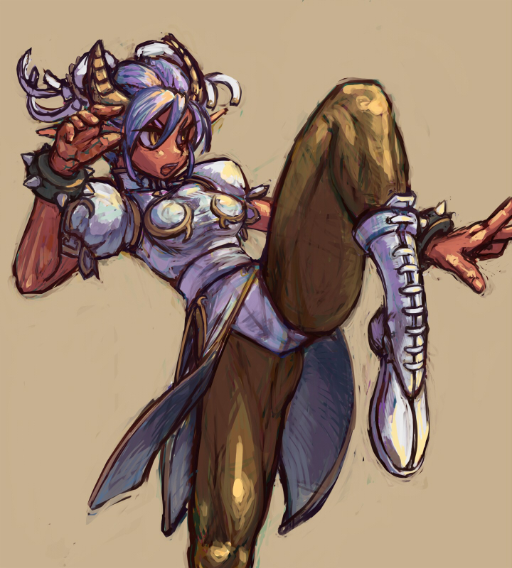 buns capcom china_dress chinese_clothes chun-li chun-li_(cosplay) cosplay crossover fighting_stance horns jewelry kick monster_girl open_mouth original pantyhose pointy_ears solo spiked_bracelet spikes street_fighter tom910 yellow_eyes