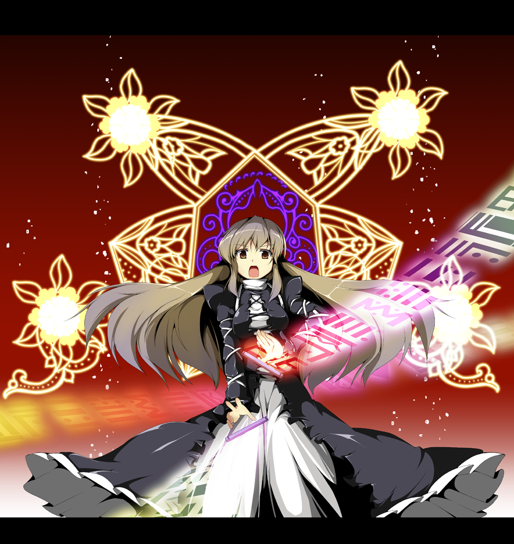 brown_hair dress fighting_stance fujy glowing gothic_lolita gradient_hair hijiri_byakuren letterboxed lolita_fashion long_hair magic multicolored_hair open_mouth scroll serious touhou