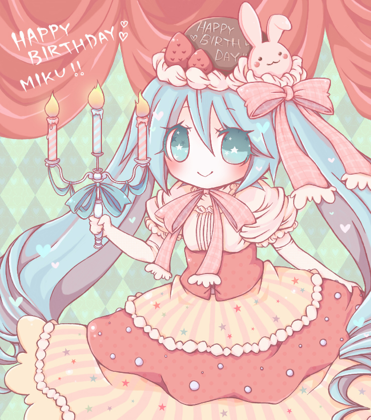 aqua_eyes aqua_hair birthday cake candle dress food food_themed_clothes fruit hair_ribbon hatsune_miku long_hair pastry ribbon smile solo strawberry twintails very_long_hair vocaloid