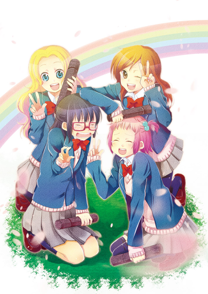 blonde_hair blue_eyes blush brown_eyes closed_eyes glasses graduation hair_bobbles hair_ornament happy kneeling long_hair mina_m original pink_hair rainbow school_uniform short_hair skirt socks sweater tears v wink