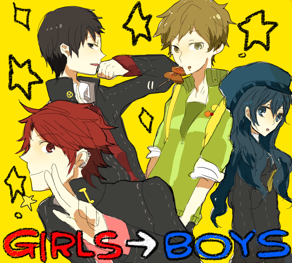 androgynous bad_id genderswap jacket kujikawa_rise long_hair mouth_hold persona persona_4 satonaka_chie school_uniform shirogane_naoto trap ws_(pixiv)