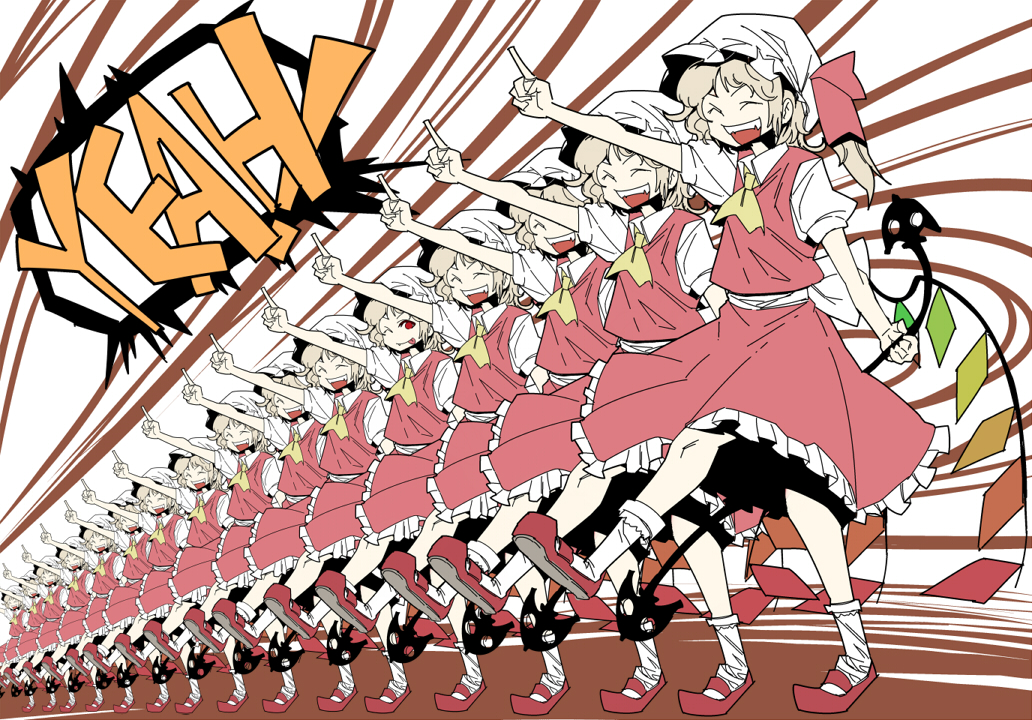 ;p ascot blonde_hair bobby_socks clone closed_eyes flandre_scarlet hat hat_ribbon laevatein marching multiple_girls multiple_persona open_mouth peptide pointing ponytail red_eyes ribbon short_hair side_ponytail socks tongue too_many touhou wings wink