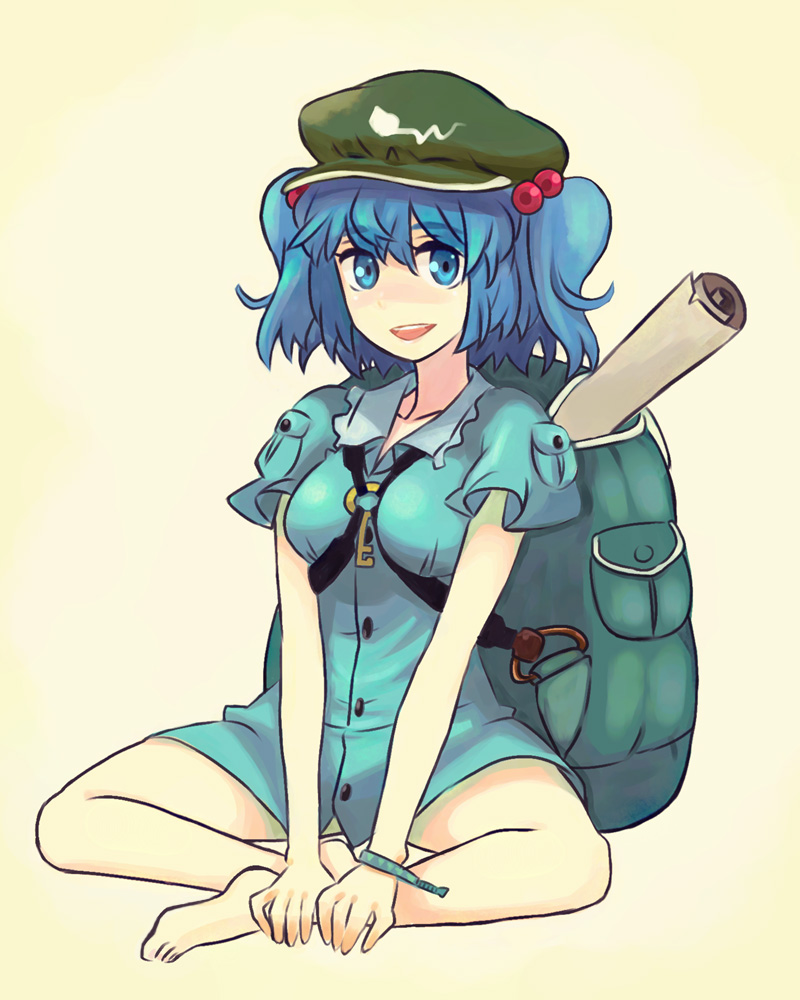backpack bag barefoot blue_eyes blue_hair bottomless feet hair_bobbles hair_ornament hands_on_feet hat indian_style jean_(artist) kawashiro_nitori key open_mouth short_twintails simple_background sitting smile solo touhou twintails v_arms