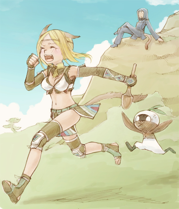 angry animal_ears blonde_hair breasts cat_ears cat_tail chasing cleavage closed_eyes crossed_legs elbow_gloves final_fantasy final_fantasy_xi gloves hood knee_pads mandragora mandragora_(final_fantasy) mithra multiple_girls nature open_mouth running scared shoes short_hair sitting tail takatsuki_kahiro