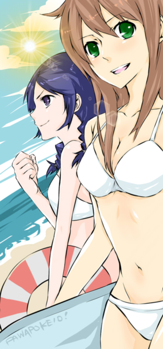 beach bikini blue_hair bodyboard braid brown_hair dutch_angle green_eyes innertube lens_flare long_hair multiple_girls purple_eyes r_waizumi sun swimsuit twin_braids violet_eyes