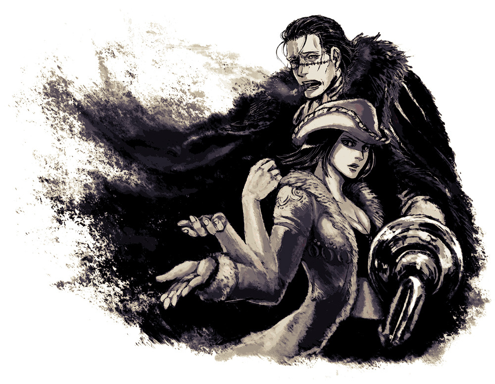 baroque_works breasts cigar cleavage cloak devil_fruit extra_arms fur hat hook hook_hand iduhara monochrome nico_robin one_piece pirate sand scar sepia simple_background sir_crocodile stitches white_background