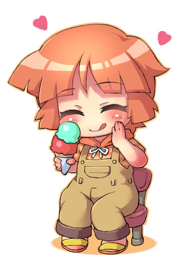 1girl :q blush chair character_request closed_eyes food hand_on_own_face heart holding ice_cream orange_hair overalls sandals sankuma short_hair simple_background sitting smile solo tongue white_background