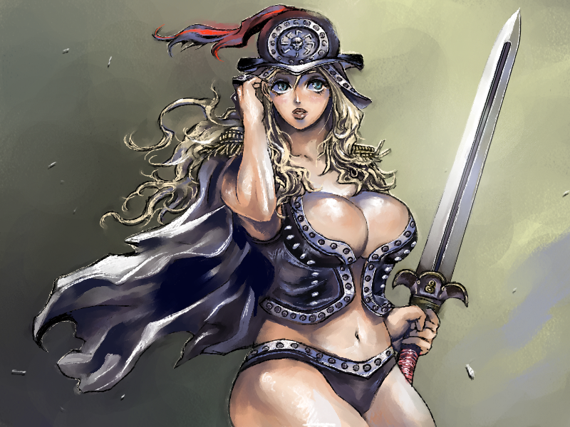 breasts cleavage hat homex navel one_piece solo sword weapon