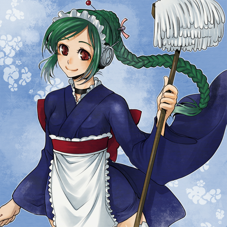 apron bow braid gintama green_hair hairband hanzou_kuro japanese_clothes kazuki_kisuke kimono maid mop red_eyes robot_ears single_braid smile tama_(gintama)