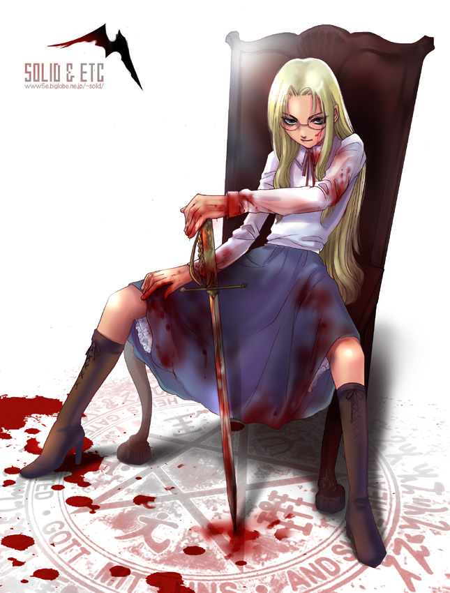 blood blood_on_face blood_stain boots glasses hellsing high_heels integra_hellsing shoes sitting solid&amp;etc spread_legs sword weapon