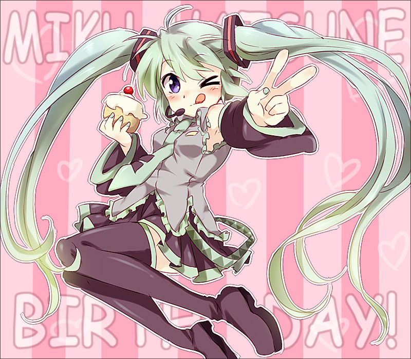 &gt;_&lt; 1girl ;q bad_id birthday blush cake detached_sleeves english food hatsune_miku maruki_(punchiki) pastry solo thigh-highs thighhighs tongue twintails v vocaloid wink zettai_ryouiki