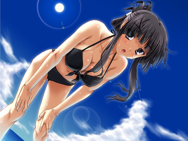 alternate_hairstyle bent_over bikini black_eyes black_hair breasts cleavage dutch_angle k-on! large_breasts leaning_forward lens_flare long_hair miyai_max solo swimsuit wet