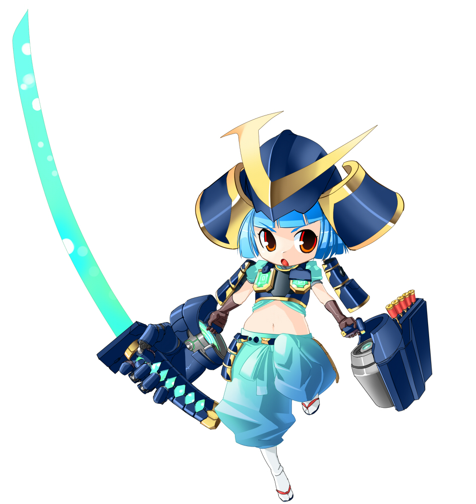 blue_hair helmet katana midriff original ryao short_hair sword tabi weapon