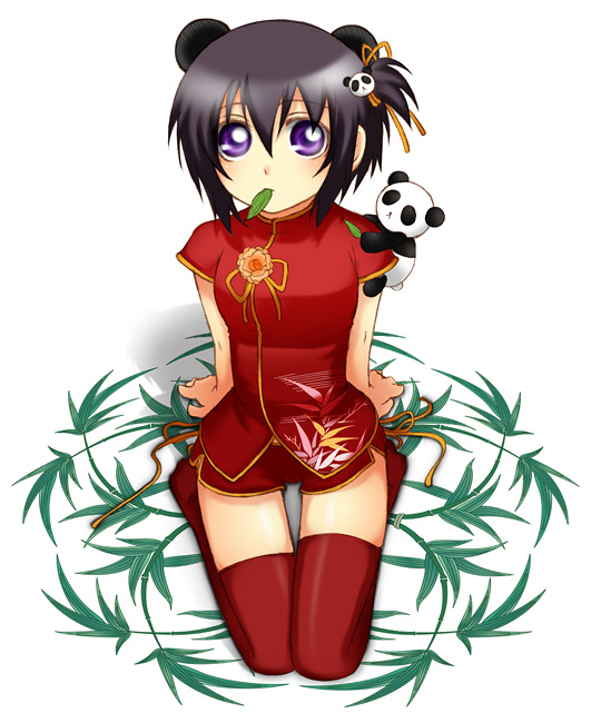 black_hair bob_cut china hair_ornament hair_ribbon kawazoe_tamaki leaf leaves mouth_hold panda panda_ears purple_eyes ribbon short_hair short_shorts shorts side_ponytail sio sio_(rough) thigh-highs thighhighs violet_eyes zettai_ryouiki