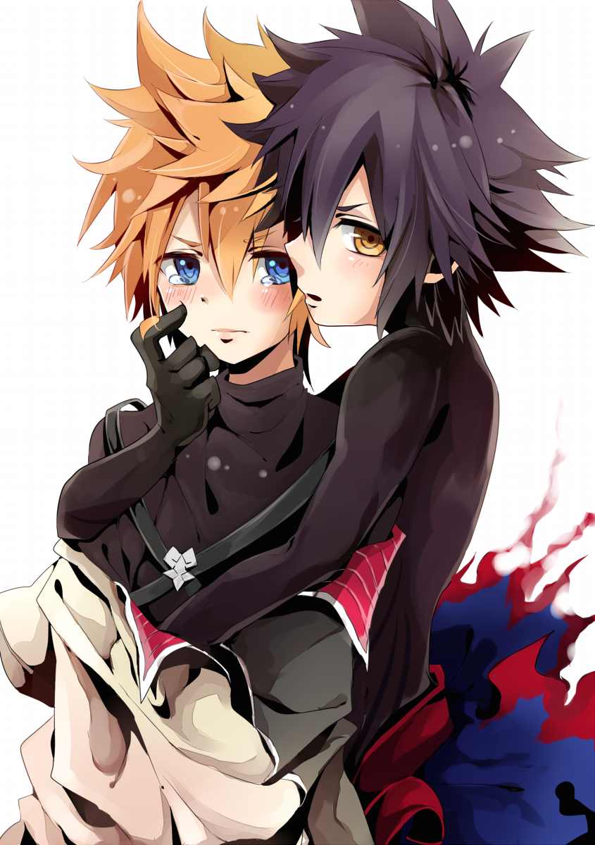 2boys black_hair blonde_hair blue_eyes dual_persona highres inazume-panko kingdom_hearts kingdom_hearts_birth_by_sleep looking_at_another male_focus multiple_boys parted_lips simple_background skin_tight spiky_hair spoilers tears undressing vanitas ventus white_background yellow_eyes