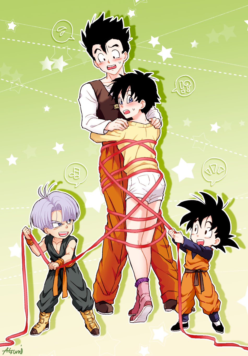 !? 1girl 3boys :d age_difference bangs black_eyes black_hair blue_hair blush brothers casual couple dougi dragon_ball dragon_ball_z green_background hands_on_another's_shoulders height_difference highres hug multiple_boys muraosa_(conjecture) open_mouth parted_bangs red_pants ribbon shoes short_hair shorts siblings smile son_gohan son_goten spiky_hair sweatdrop teeth tied_up trunks_(dragon_ball) videl wristband