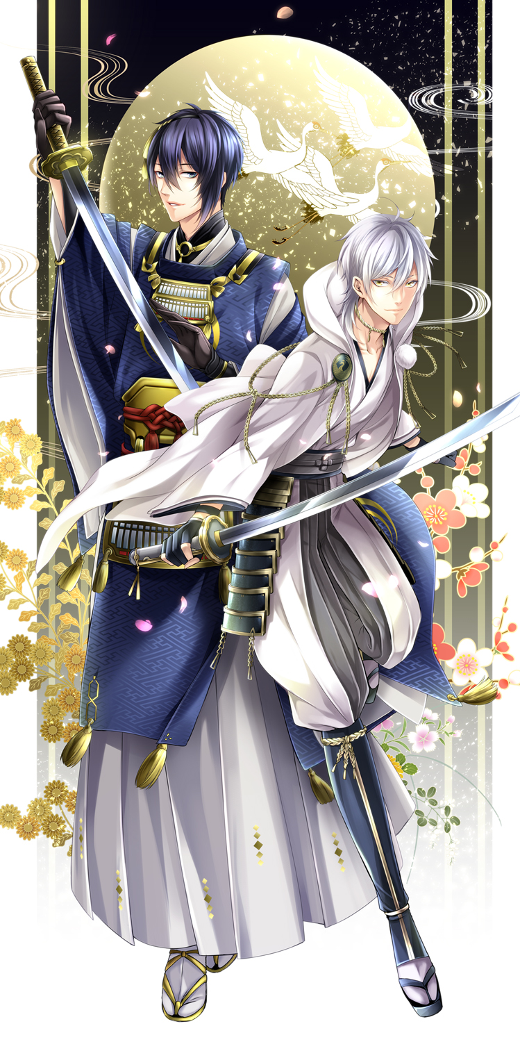 2boys bird blue_eyes blue_hair crane_(animal) full_moon highres hood japanese_clothes male_focus mikazuki_munechika moon multiple_boys petals pom_pom_(clothes) ringo_ame smile sword touken_ranbu tsurumaru_kuninaga weapon white_hair yellow_eyes