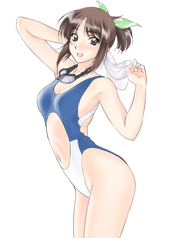 1girl brown_eyes brown_hair casual_one-piece_swimsuit goggles goggles_around_neck morii_kaho navel_cutout one-piece_swimsuit polorinken ponytail sentimental_graffiti short_hair swimsuit towel