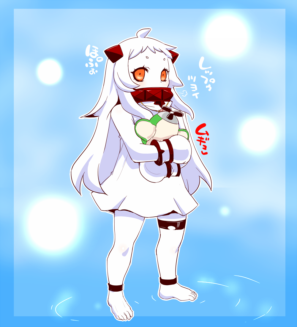 1girl ahoge airplane chestnut covered_mouth dress horns jewelry kantai_collection long_hair looking_at_viewer mittens northern_ocean_hime object_hug older orange_eyes pendant sako_(bosscoffee) shinkaisei-kan solo translation_request white_dress white_hair white_skin