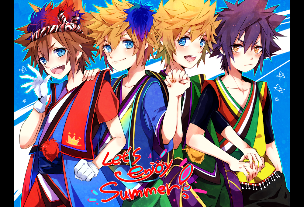 4boys black_hair blonde_hair brown_hair clenched_hand english gloves holding_hands inazume-panko interlocked_fingers kingdom_hearts male_focus multiple_boys open_mouth roxas smile sora_(kingdom_hearts) spiky_hair spoilers tagme vanitas ventus yellow_eyes
