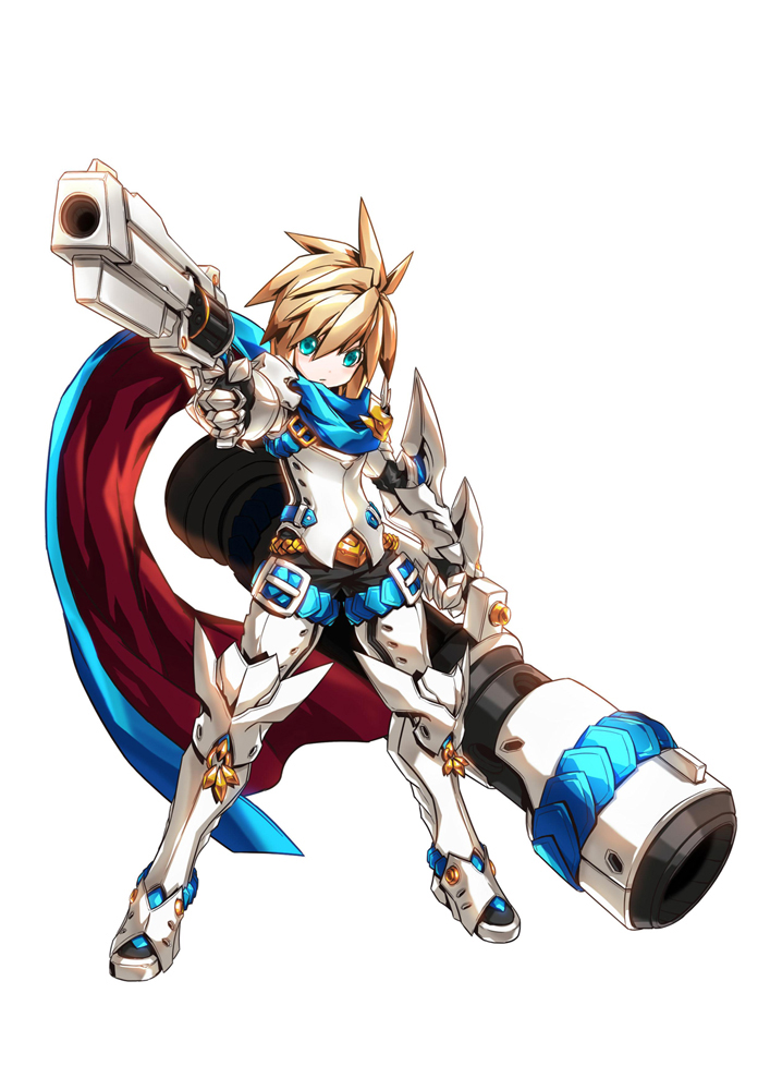 1boy armor blackjd83 blonde_hair boots cannon chung_(elsword) dual_wielding elsword gauntlets gloves greaves green_eyes gun male_focus official_art scarf solo spiky_hair standing weapon white_background