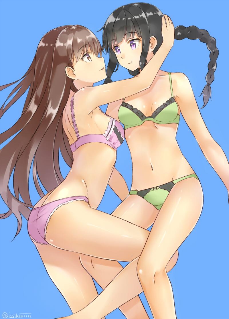 arched_back ass black_hair blue_background bra braid breasts brown_eyes brown_hair eye_contact green_bra green_panties head_hold isshiki_(ffmania7) jpeg_artifacts kantai_collection kitakami_(kantai_collection) leg_up long_hair looking_at_another navel nipples ooi_(kantai_collection) panties pink_bra pink_panties sideboob simple_background single_braid smile twitter_username underwear underwear_only violet_eyes