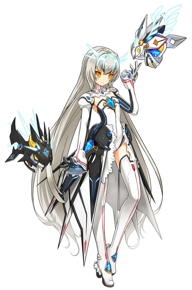 1girl artist_request boots elsword eve_(elsword) expressionless gem gloves highres leotard long_hair no_nose official_art robot solo standing thigh-highs thigh_boots twintails very_long_hair white_background white_boots white_hair yellow_eyes