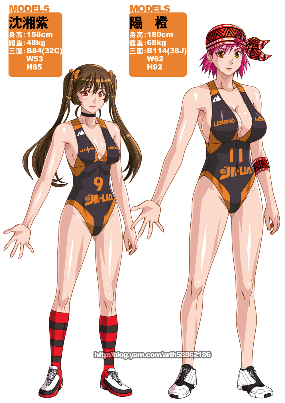 2girls alternate_color antenna_hair bandana basketball_uniform bow breasts brown_eyes brown_hair character_request character_sheet cleavage full_body ge_xi hair_bow height_difference highres kneehighs leotard long_hair measurements multiple_girls orange_eyes original pink_hair shoes short_hair sideboob small_breasts sneakers sportswear striped striped_legwear translation_request twintails watermark web_address