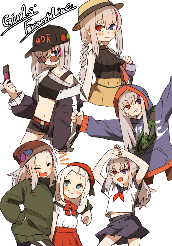 2girls alternate_costume alternate_hairstyle amonitto bangs beanie beret black_headwear black_shorts blush braid brown_headwear casual cellphone closed_eyes clothes_writing copyright_name flip_phone girls_frontline grey_hair grin hat heterochromia hood hood_up hoodie jacket long_hair mdr_(girls_frontline) mp5_(girls_frontline) multicolored_hair multiple_girls multiple_views navel off_shoulder open_mouth phone red_headwear ribbed_shirt sailor_collar school_uniform serafuku shirt shorts simple_background skirt sleeveless smile streaked_hair sunglasses sweat twin_braids white_background